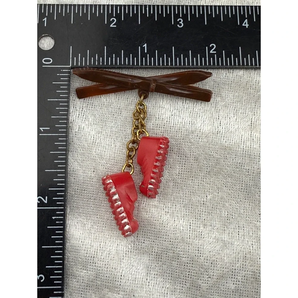 Vintage Celluloid Ski Theme‎ Brooch Snow Shoes Skis